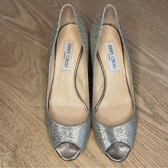 Jimmy Choo Isabel Peep Toe Mid Heel Pumps Sparkle Glitter Size 39.5 Women’s 9.5 - Picture 6 of 11